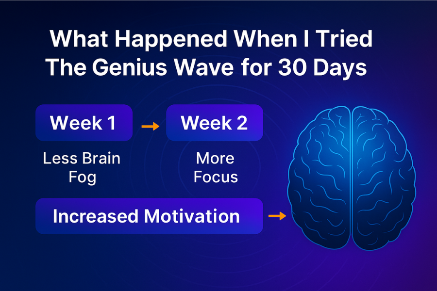 Infographic of The Genius Wave 30-day program showing step-by-step transformation from scattered focus to mental clarity and motivation.