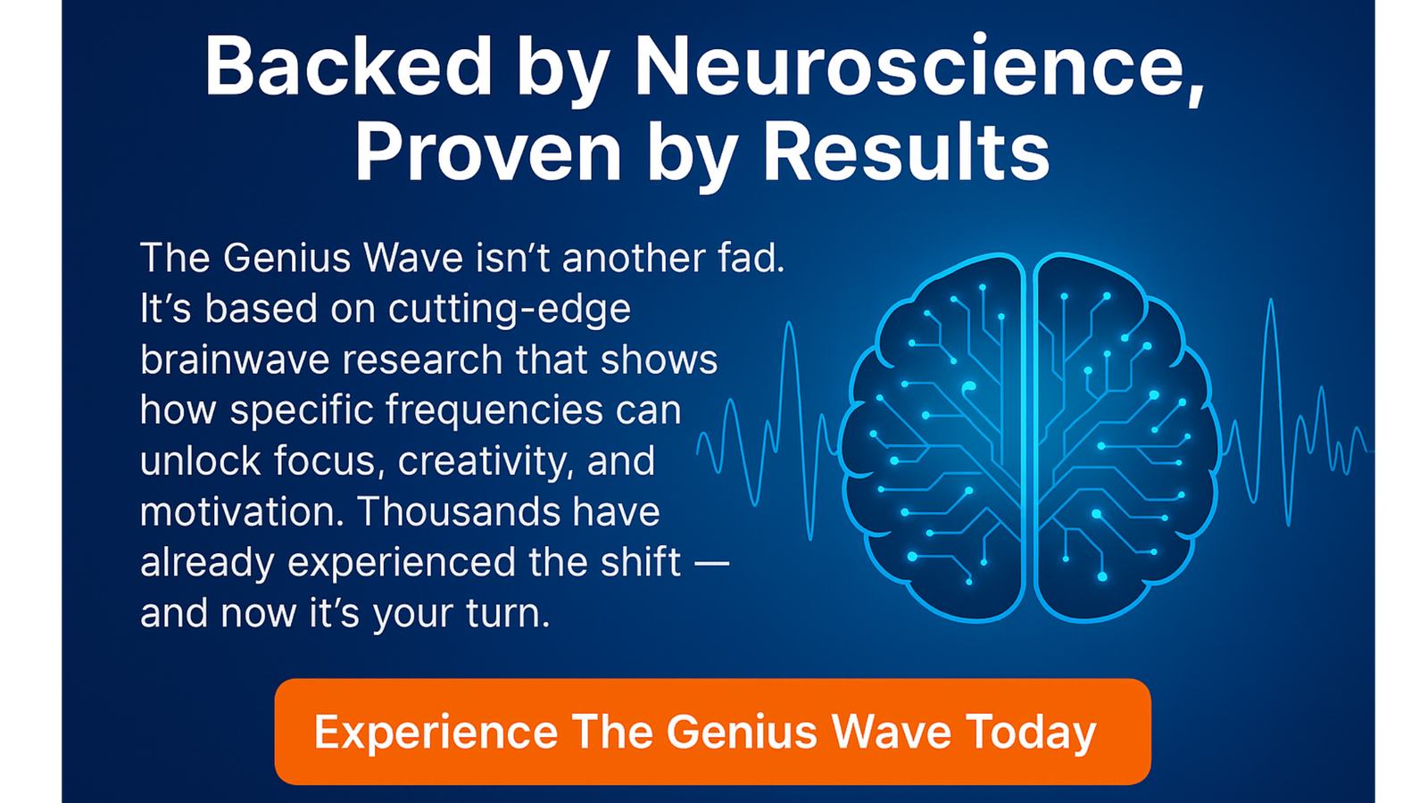 Promotional banner for The Genius Wave highlighting benefits like focus, clarity, and energy reset.