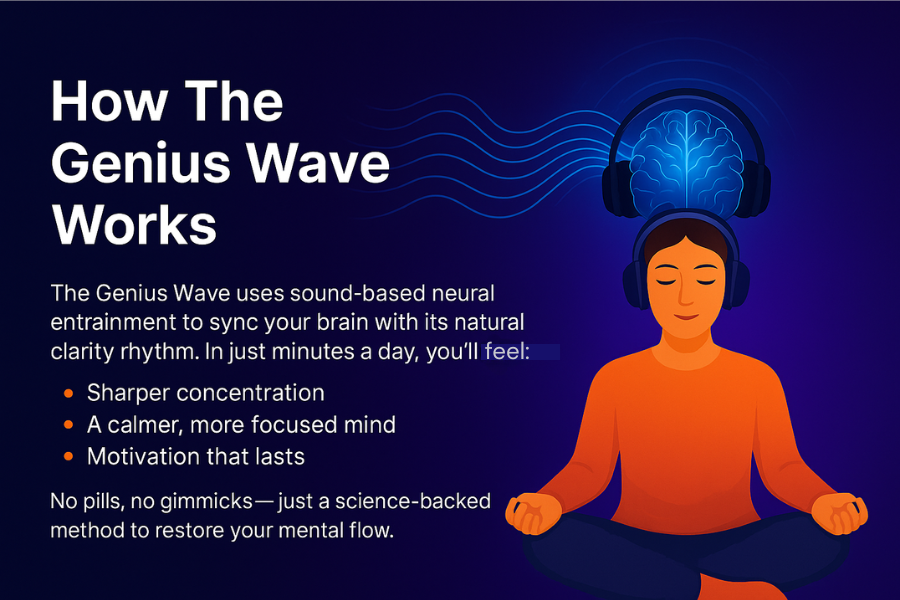 Person meditating with headphones and glowing brainwaves showing how The Genius Wave resets focus and clarity.
