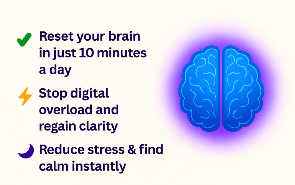 Benefits of the Brain Reset Guide showing focus, clarity, and stress relief with glowing brain illustration