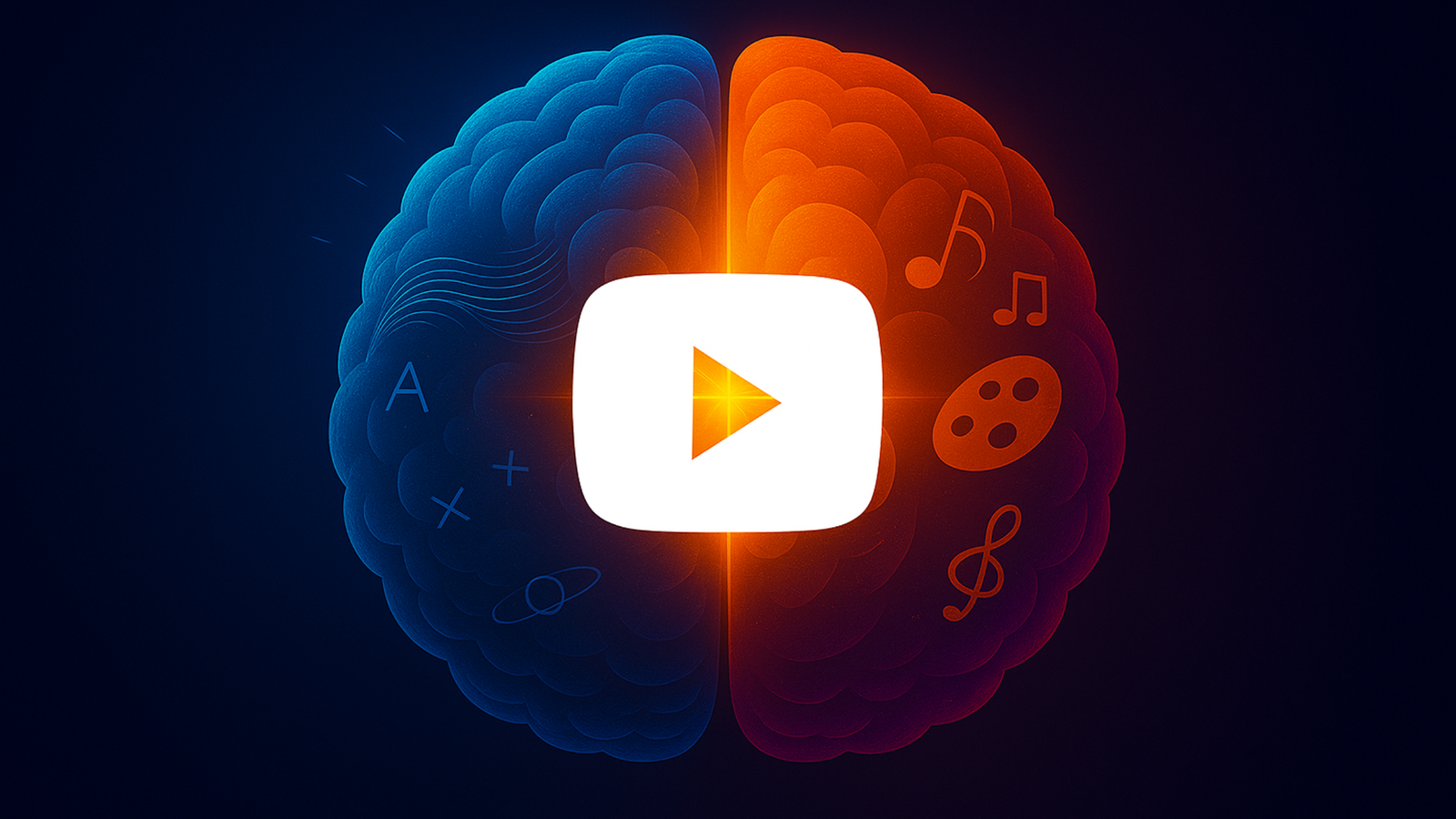 Glowing brain split blue and orange with a large white play button inviting you to watch the presentation.