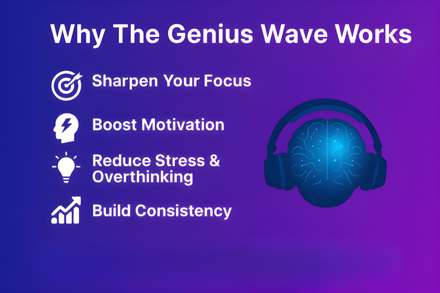 Why The Genius Wave works with benefits including sharper focus, motivation, reduced stress, and consistency