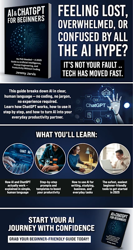 AI & ChatGPT for Beginners book overview graphic – who it’s for, what you’ll learn, and how to start your AI journey.