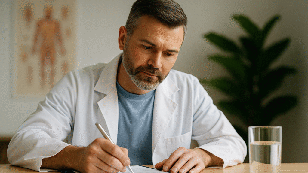 Doctor reviewing prostate supplement safety research with capsules and medical notes on a desk — 2025 science overview