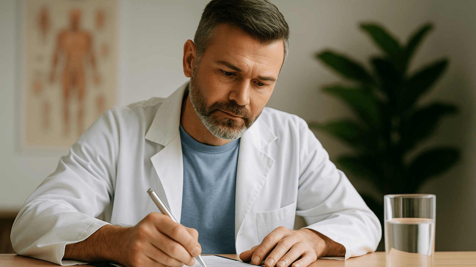 Doctor reviewing prostate supplement safety research with capsules and medical notes on a desk — 2025 science overview