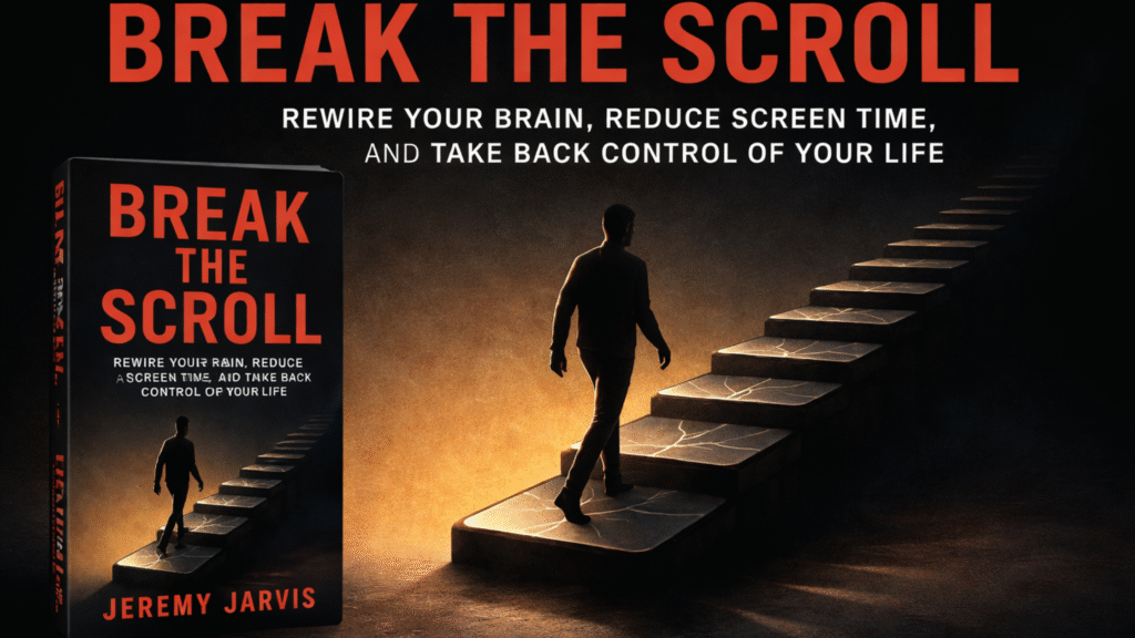 Break the Scroll by Jeremy Jarvis book banner — digital detox guide to reduce screen time, stop doomscrolling, and rebuild focus