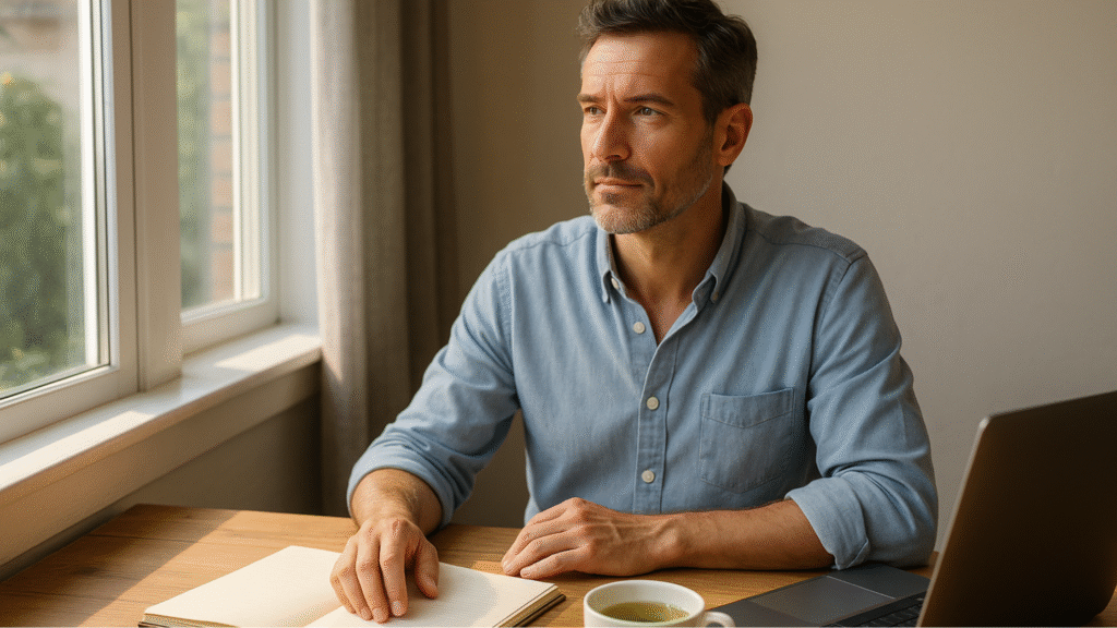Focused middle-aged man practicing mindfulness and balance at home office — representing hormone balance for men 2025.