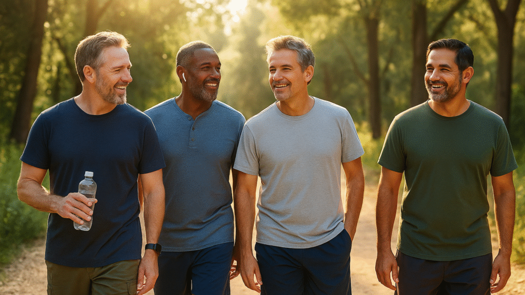 Men’s health in 2025 symbolized by a group of active men walking outdoors with calm focus, energy, and connection.