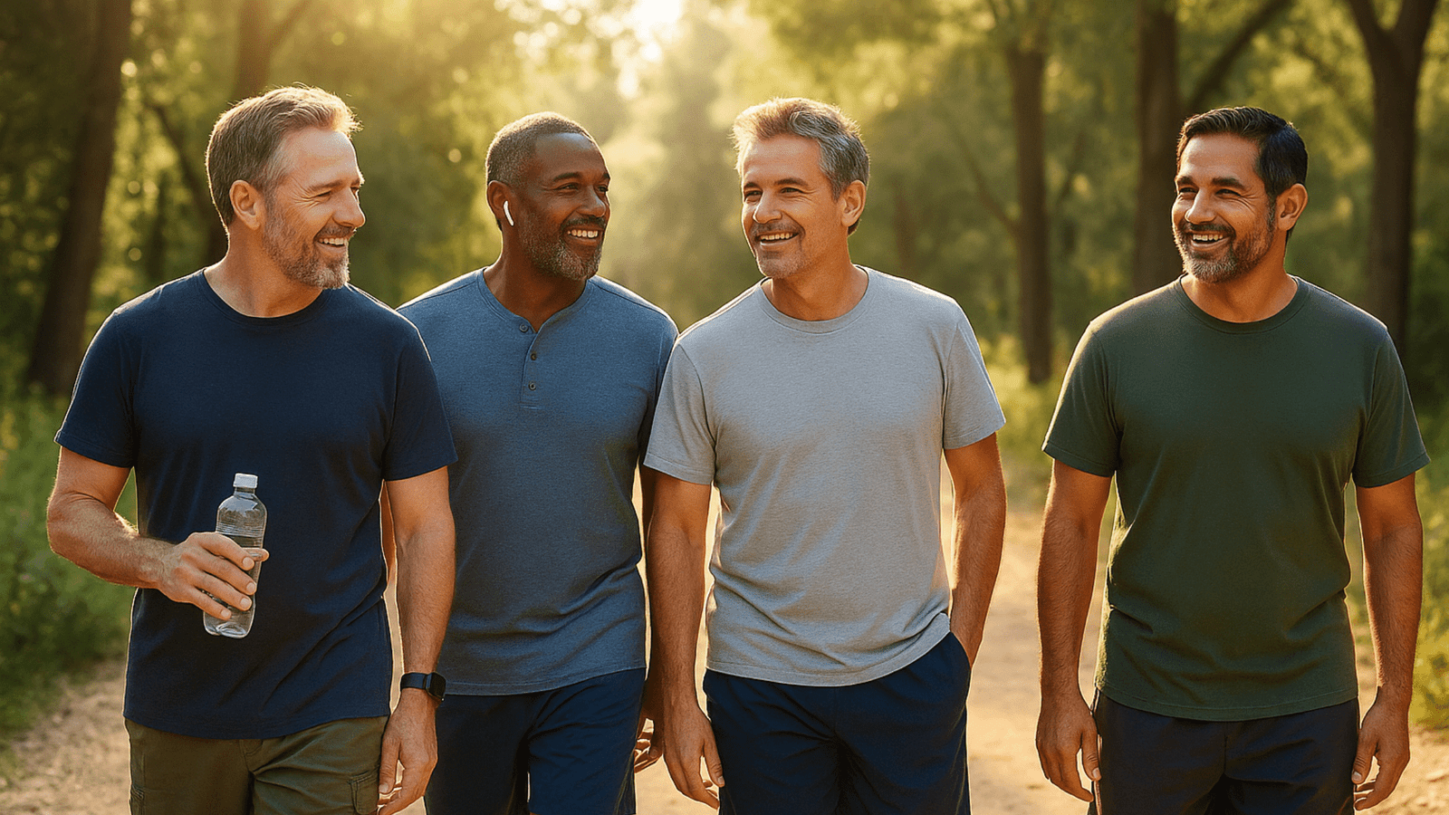 Men’s health 2025 focus and clarity symbolized by active men walking outdoors in morning light