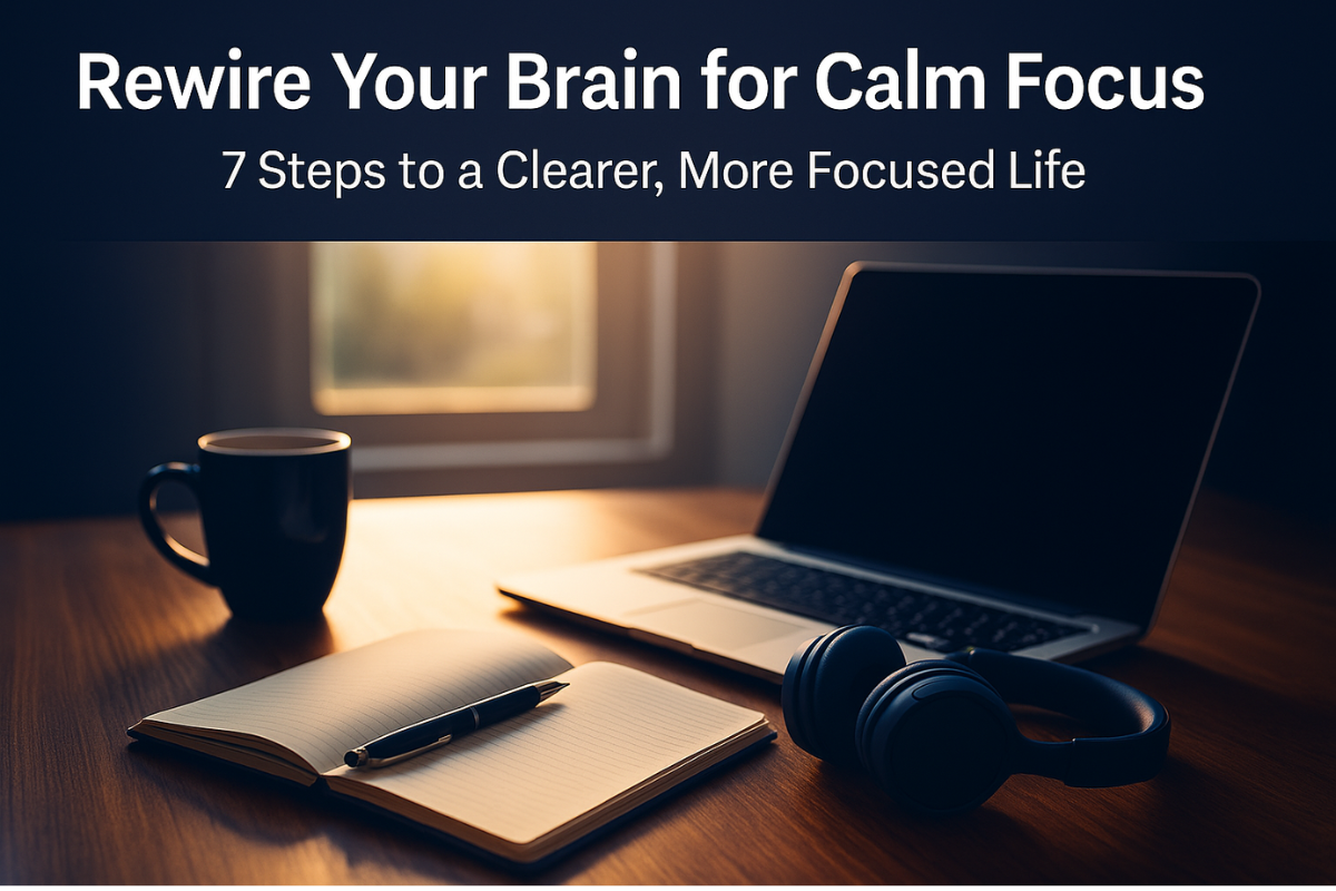 Serene blue and gold workspace symbolizing balance and energy for focus.