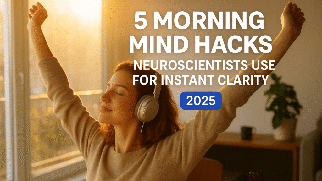 Woman enjoying a calm sunrise with headphones and coffee, symbolizing 5 morning mind hacks neuroscientists use for instant clarity in 2025.