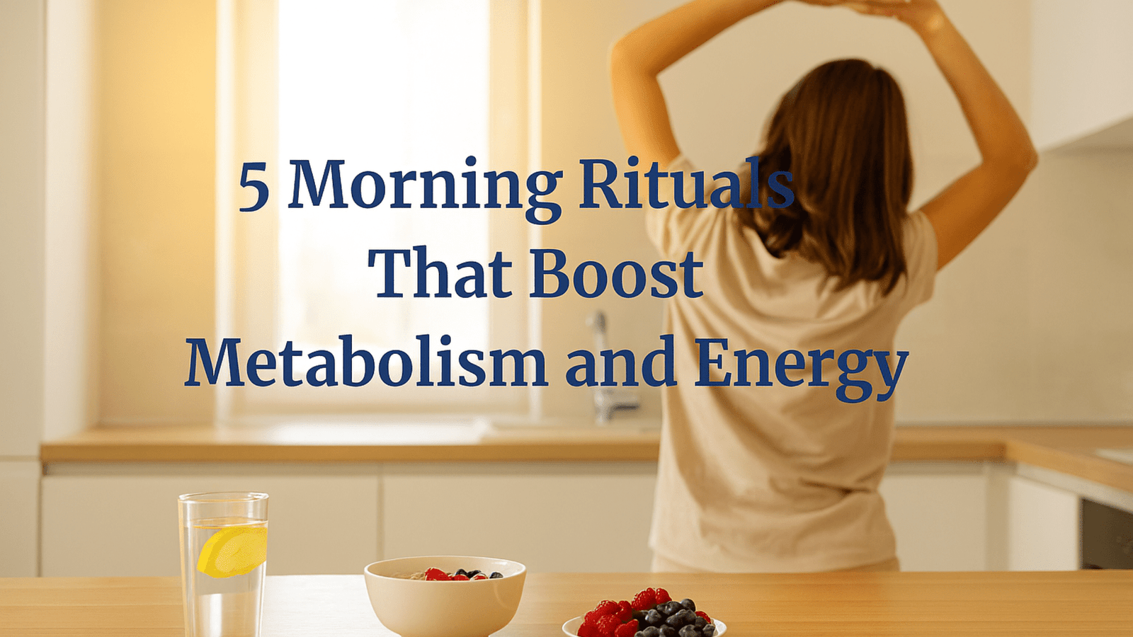 Woman stretching in a sunlit kitchen with lemon water and fruit — morning rituals for metabolism and energy