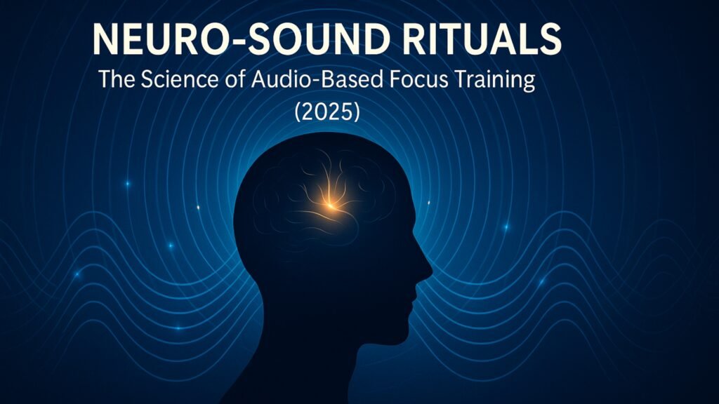 Human silhouette surrounded by sound waves and light patterns symbolizing neuroscience-based audio focus training.