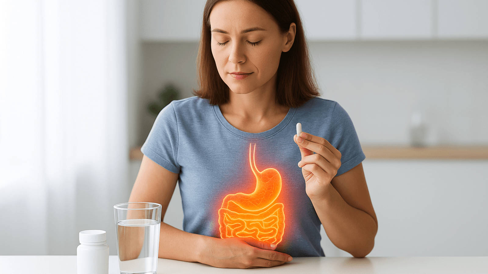 Person holding a probiotic capsule beside a glass of water, representing digestive balance and gut health