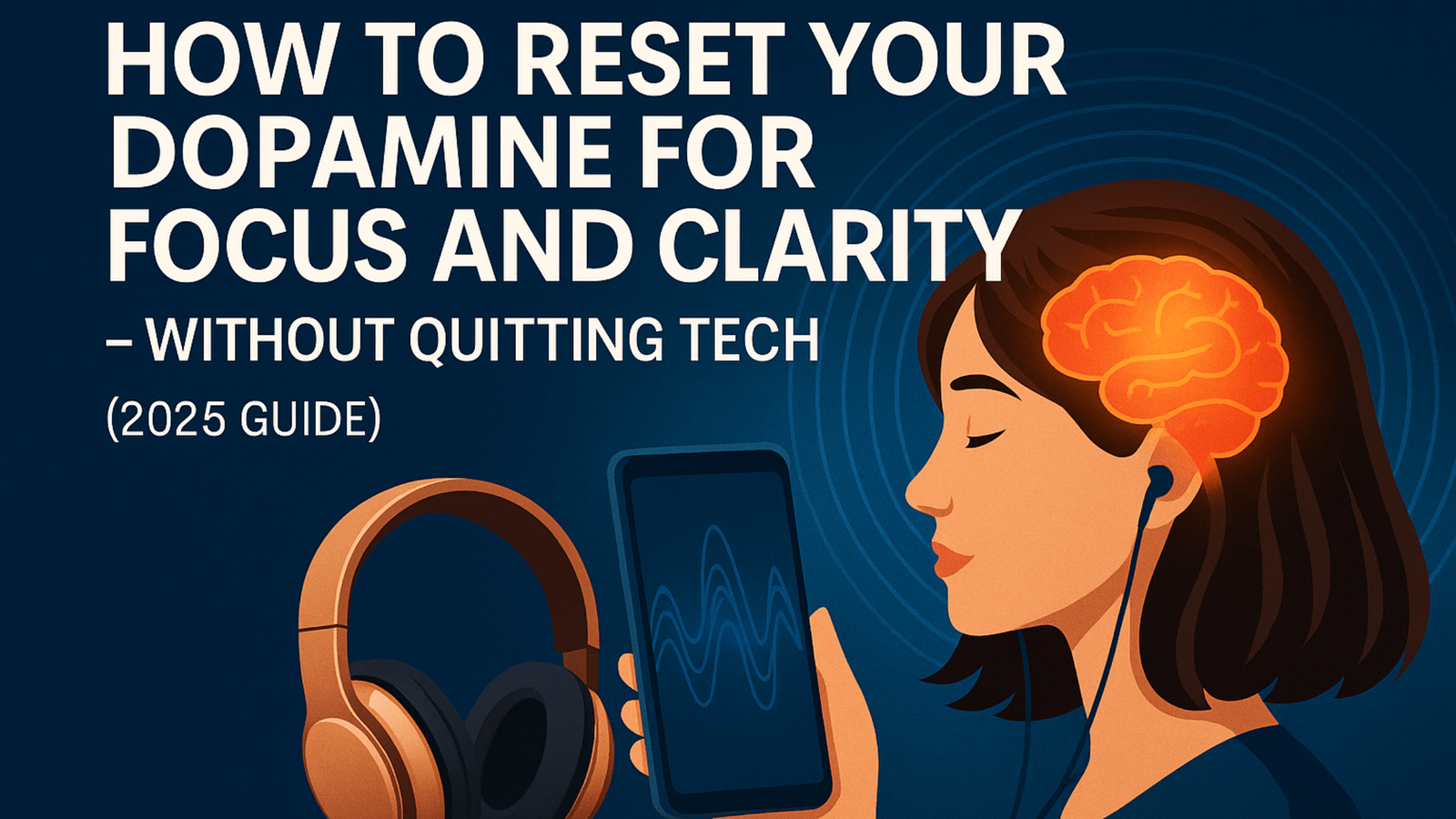 Person working on a laptop surrounded by dopamine molecule and soundwave graphics, representing focus and clarity.