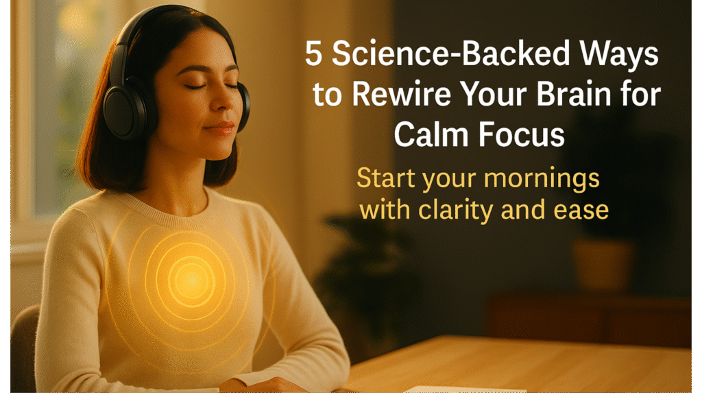 A calm woman wearing headphones sits by a sunlit window, surrounded by soft golden light and neural wave patterns, symbolizing science-backed methods to rewire the brain for calm focus.