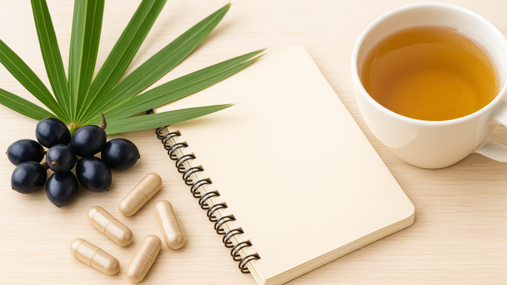 “Saw palmetto benefits for men illustrated with saw palmetto berries, leaves, supplement capsules, and a cup of tea on a light wooden surface under natural light.”