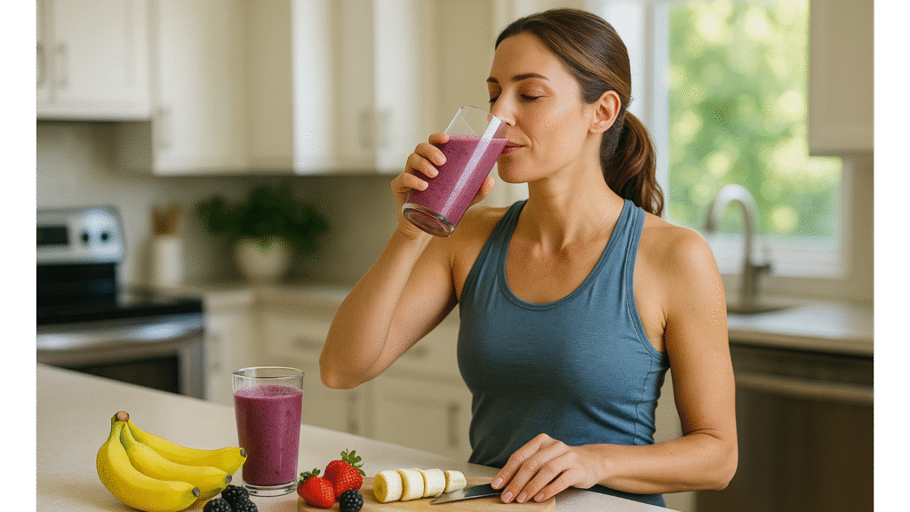 Realistic photo of a woman drinking a berry smoothie in a bright kitchen, symbolizing energy and healthy metabolism.