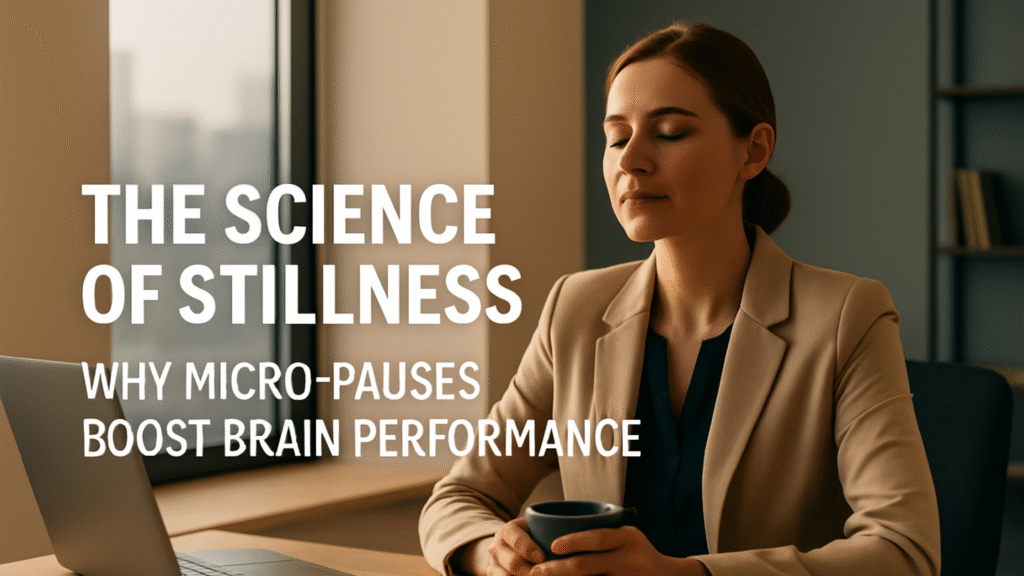 Professional taking a quiet pause at a modern desk with warm morning light, illustrating how micro-pauses improve brain performance.