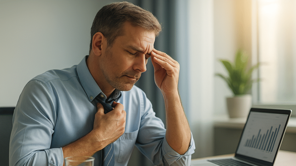 Mid-aged man loosening his tie at a modern desk under soft morning light, with a laptop, water glass, and sunlight through the window — representing stress recovery, hormone balance, and mental clarity for men in 2025.