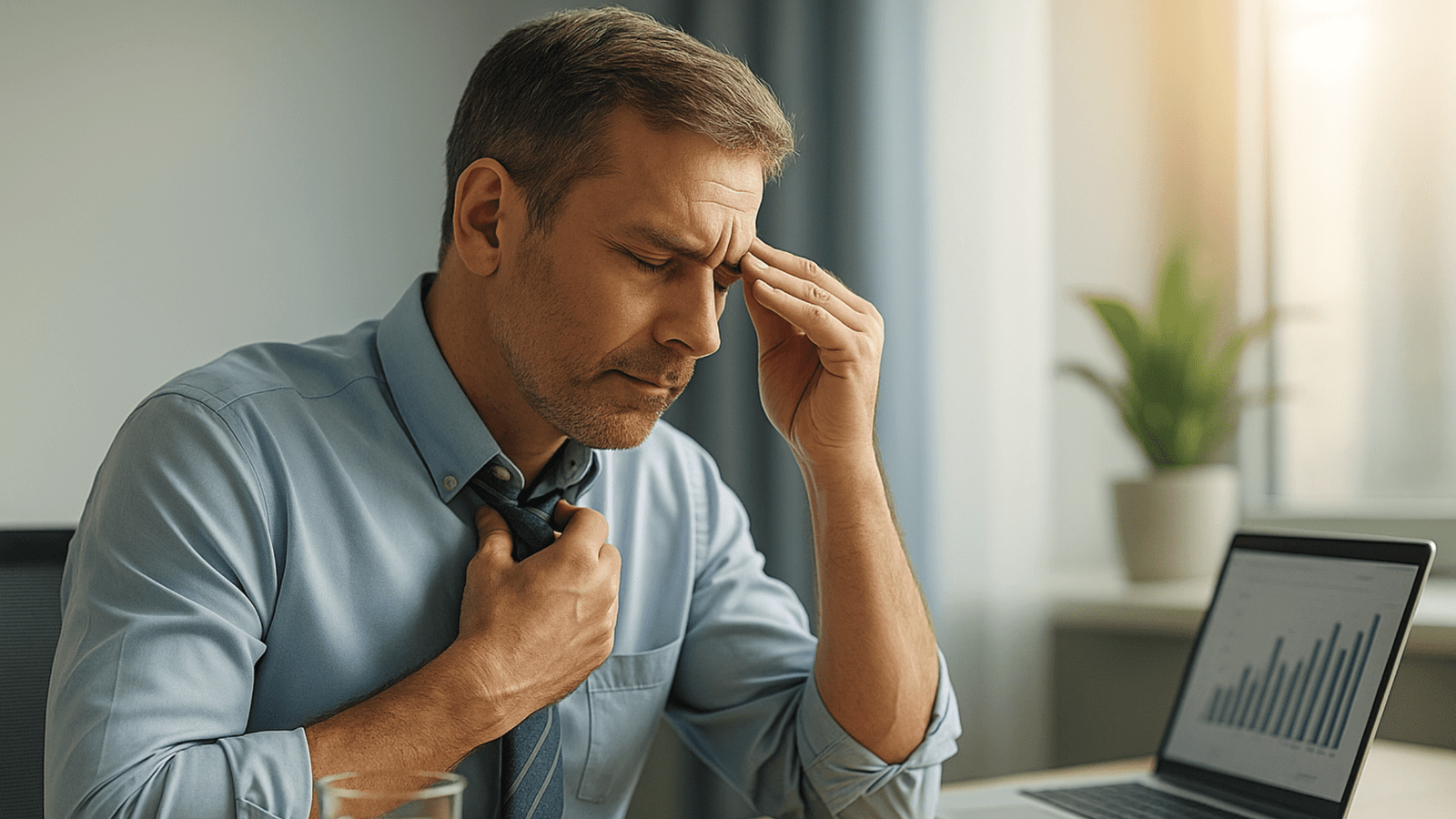 Mid-aged man loosening his tie at a modern desk, symbolizing stress recovery and hormone balance for men in 2025.