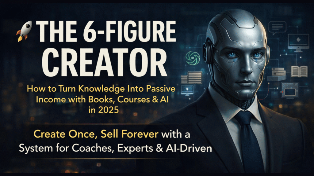 The 6-Figure Creator book banner featuring a futuristic AI creator portrait, with ChatGPT and OpenAI publishing automation theme