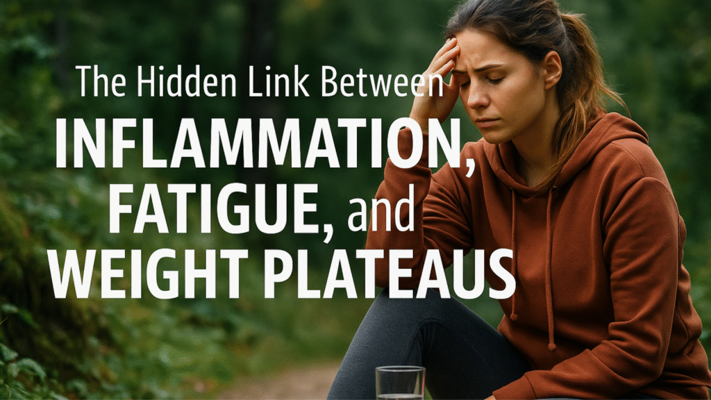 Nature-inspired wellness scene with sunrise light over green forest and soft mist — symbolizing the connection between inflammation, fatigue, and weight plateaus.