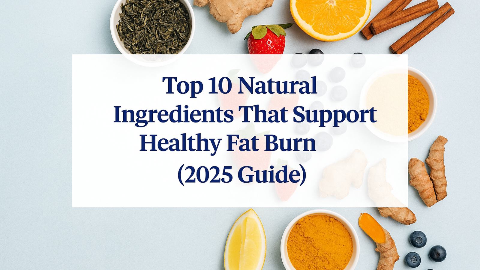 Flat-lay of natural fat-burning ingredients like green tea, citrus, turmeric, ginger, and berries arranged on a bright background for 2025 fat burn guide.