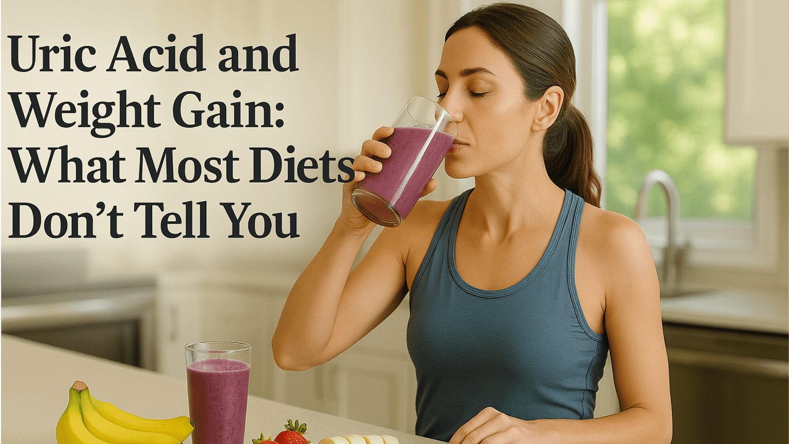 Fit woman drinking a berry smoothie in a bright kitchen with fruit on the counter, representing uric acid and weight gain science.
