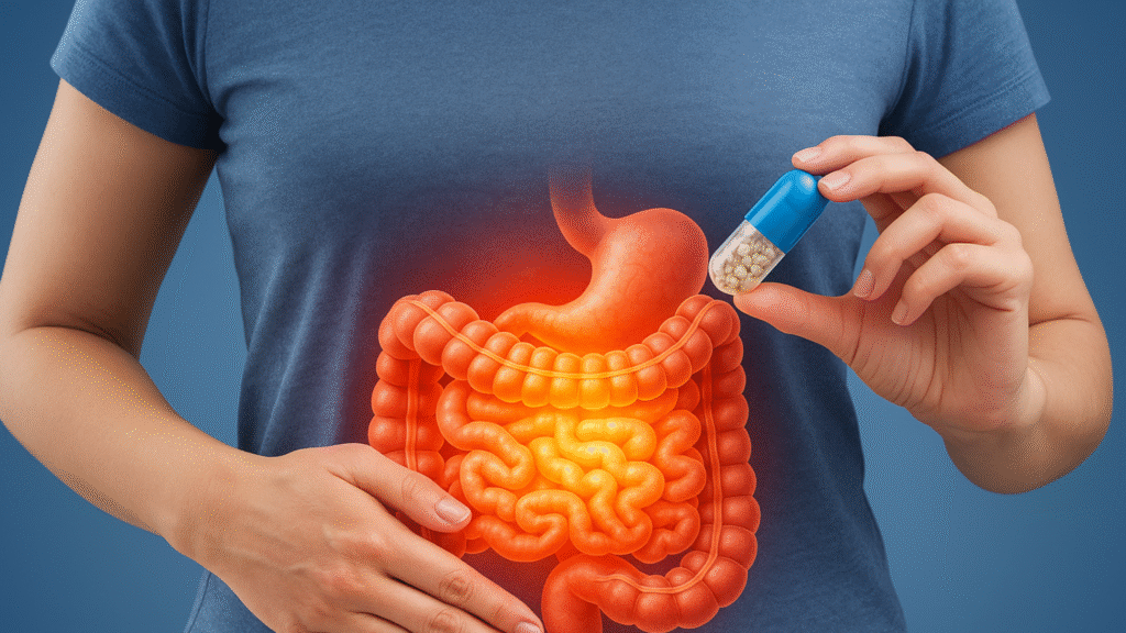 Close-up of a woman gently holding her stomach, symbolizing digestive health and the use of probiotics