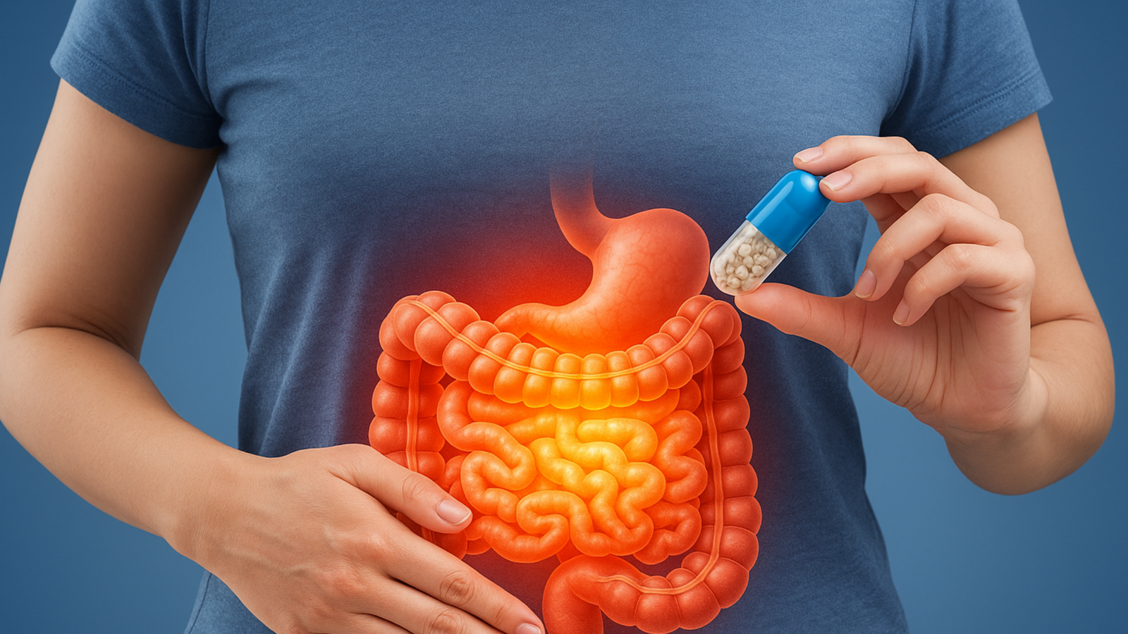 Close-up of a woman gently holding her stomach, symbolizing digestive wellness and probiotics