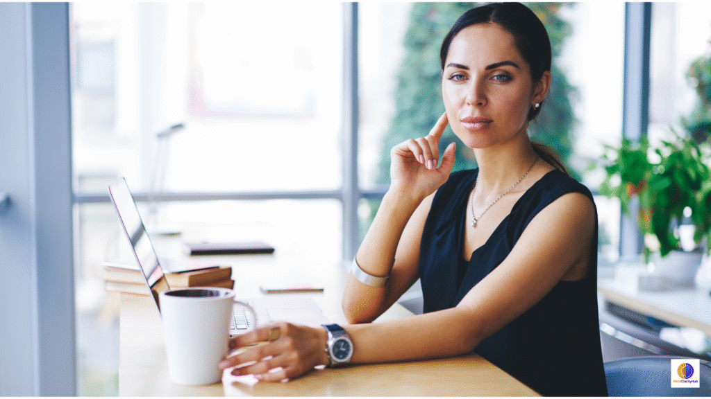 Calm minimalist desk with notebook and laptop representing a focus reset and reclaimed mental space.