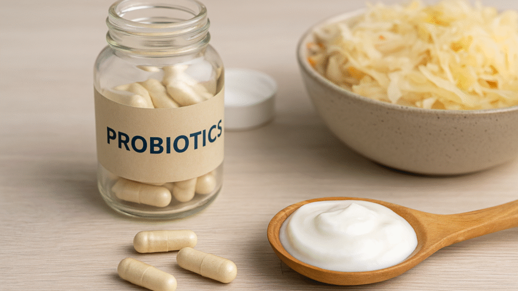 Realistic image showing a healthy woman touching her stomach with probiotic foods like yogurt, kimchi, and sauerkraut on a table, alongside gut flora illustration