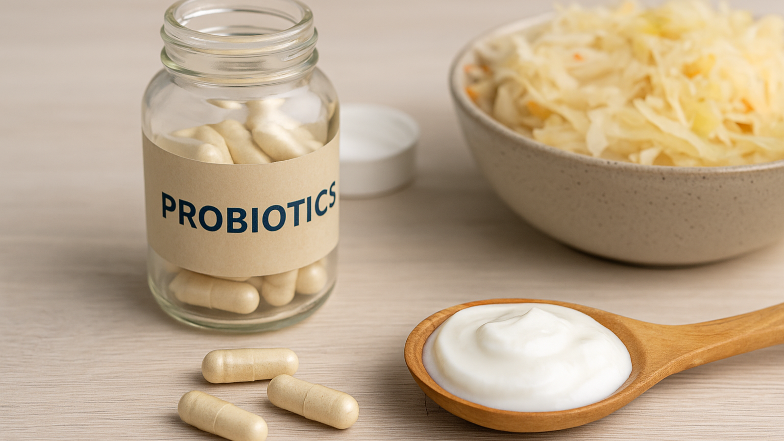 Healthy woman holding her stomach with probiotic-rich foods and a gut flora illustration in the background