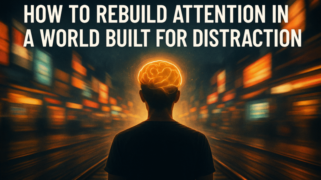 “Silhouette of a person standing on blurred city tracks with a glowing brain, symbolizing focus and attention rebuilding in a distracting world.”