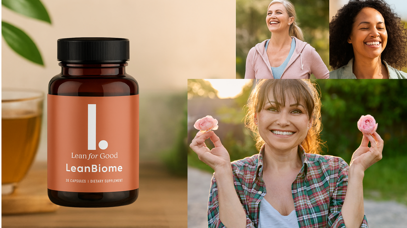 LeanBiome supplement with green tea and smiling real users in background