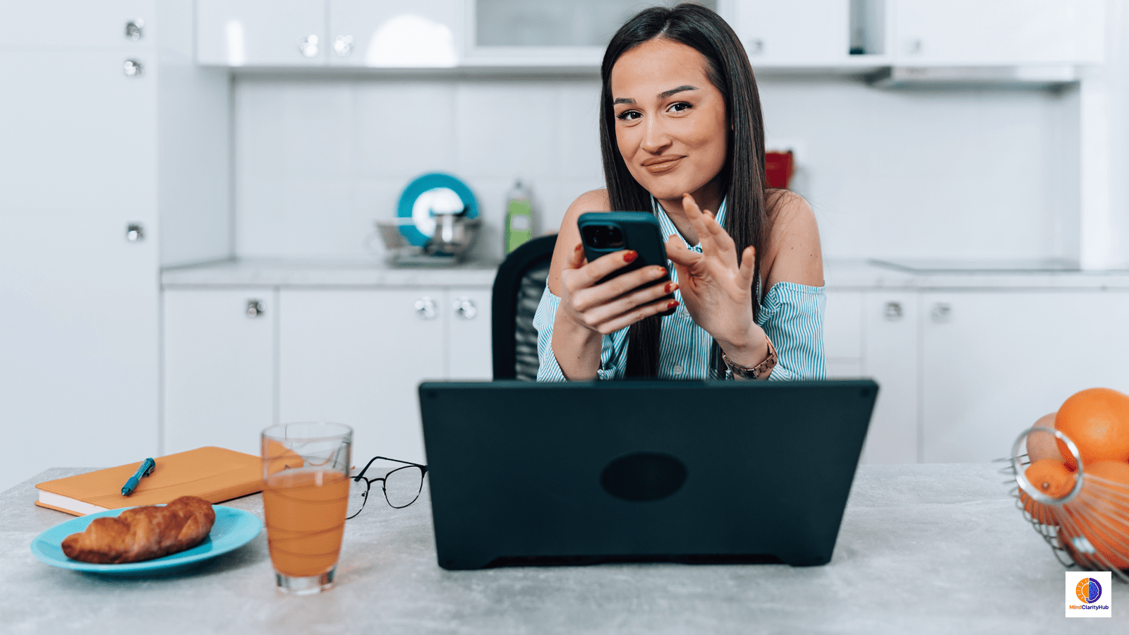 Female digital nomad creator working on a laptop in a bright cafe, maintaining mental clarity while online all day