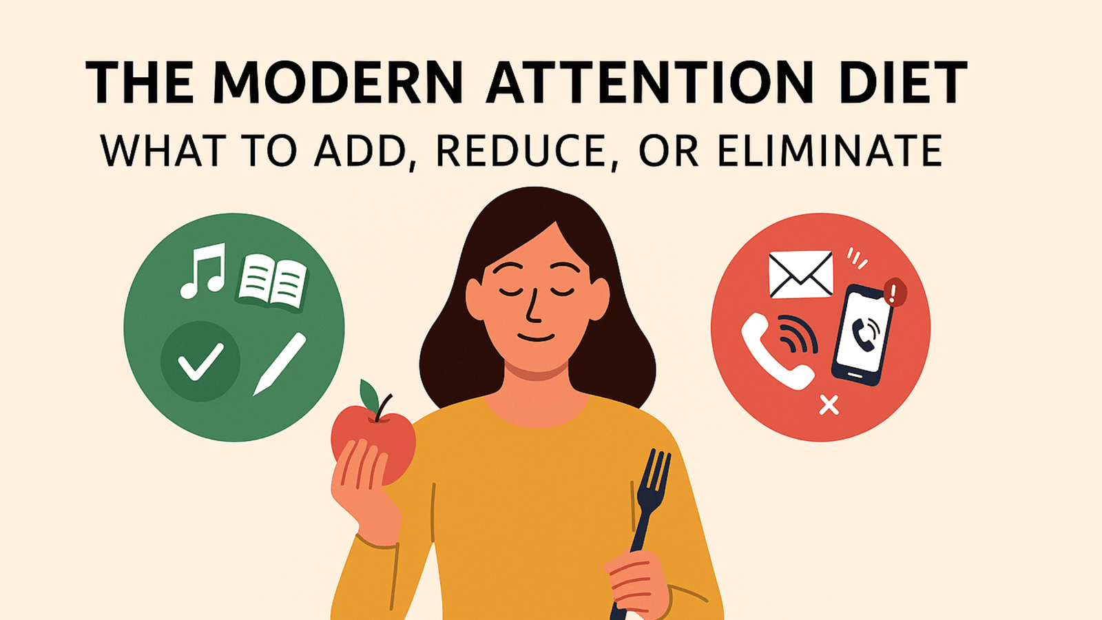 “Illustration of a person organizing digital inputs on screens and devices, representing the Modern Attention Diet and how to reduce overstimulation in 2025.”