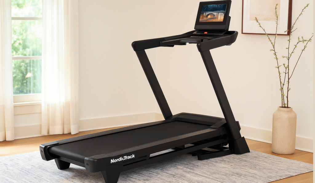 Person running on NordicTrack T Series treadmill in a bright modern home gym with sunlight and plants