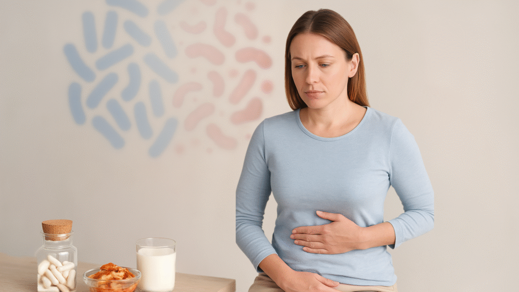Person holding stomach with gut microbiome imbalance illustration and probiotic supplements nearby, representing support for dysbiosis