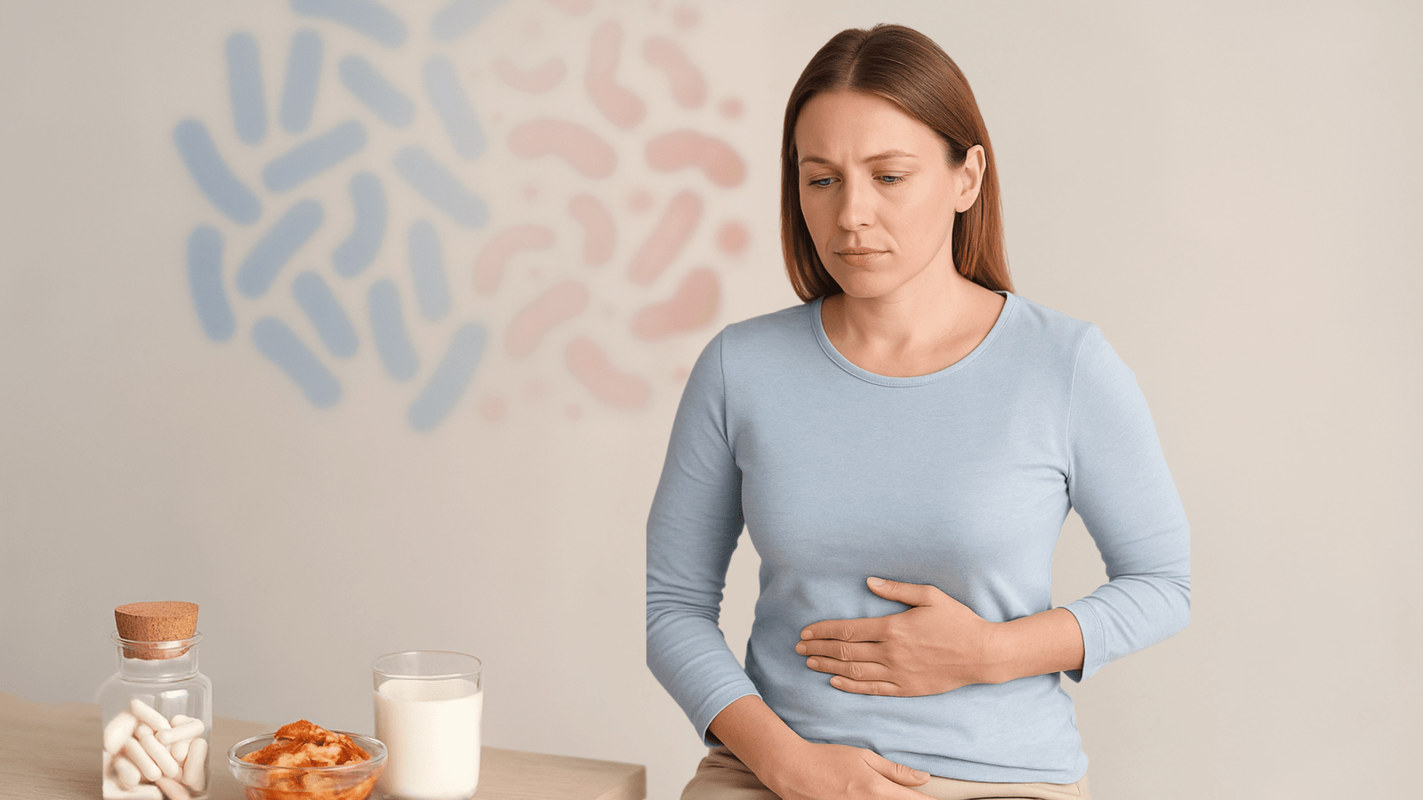 Person holding stomach with gut microbiome imagery and probiotic foods representing dysbiosis support