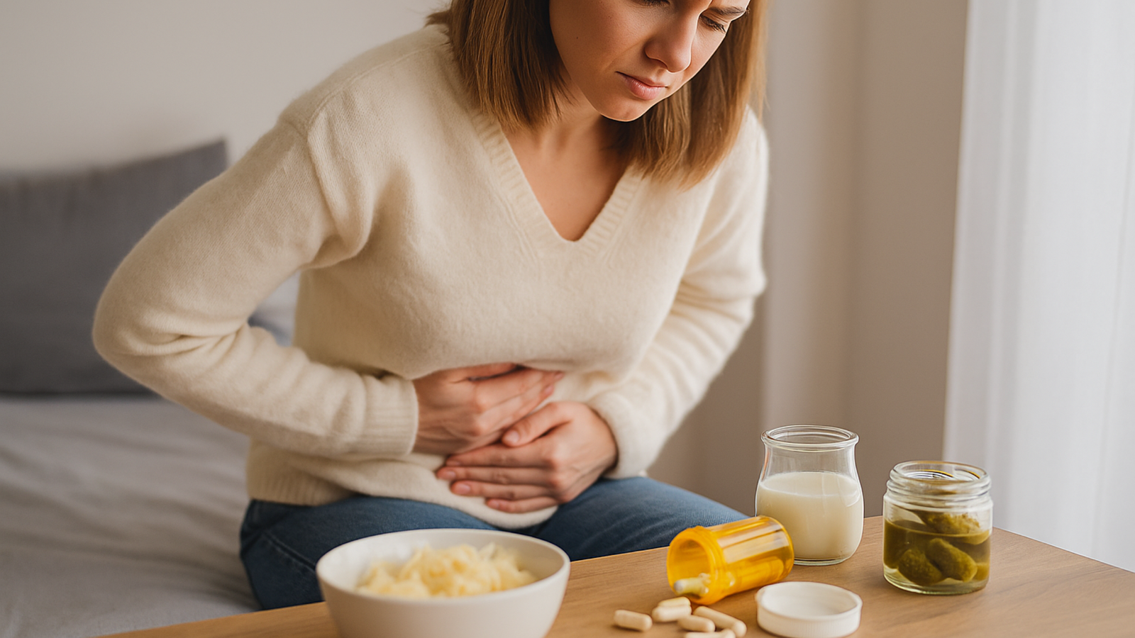 Woman holding her abdomen with probiotic-rich foods like yogurt, kefir, and sauerkraut displayed on a table