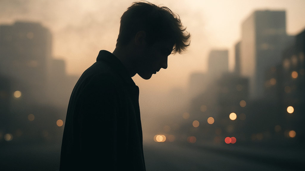 Silhouette of a person holding their head against a glowing digital haze, symbolizing cognitive overload and mental fog in 2025.