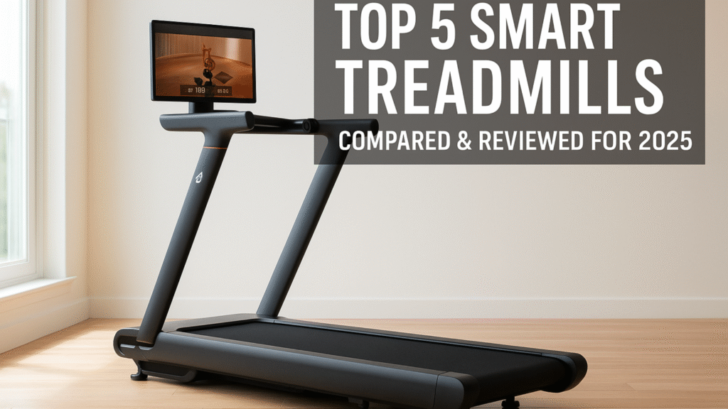 “Modern treadmill in a bright home gym setting with text overlay reading ‘Top 5 Smart Treadmills for 2025 — Compared & Reviewed’”