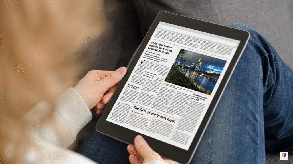 Woman reading a long article on a tablet, trying to focus in a distraction-filled digital environment