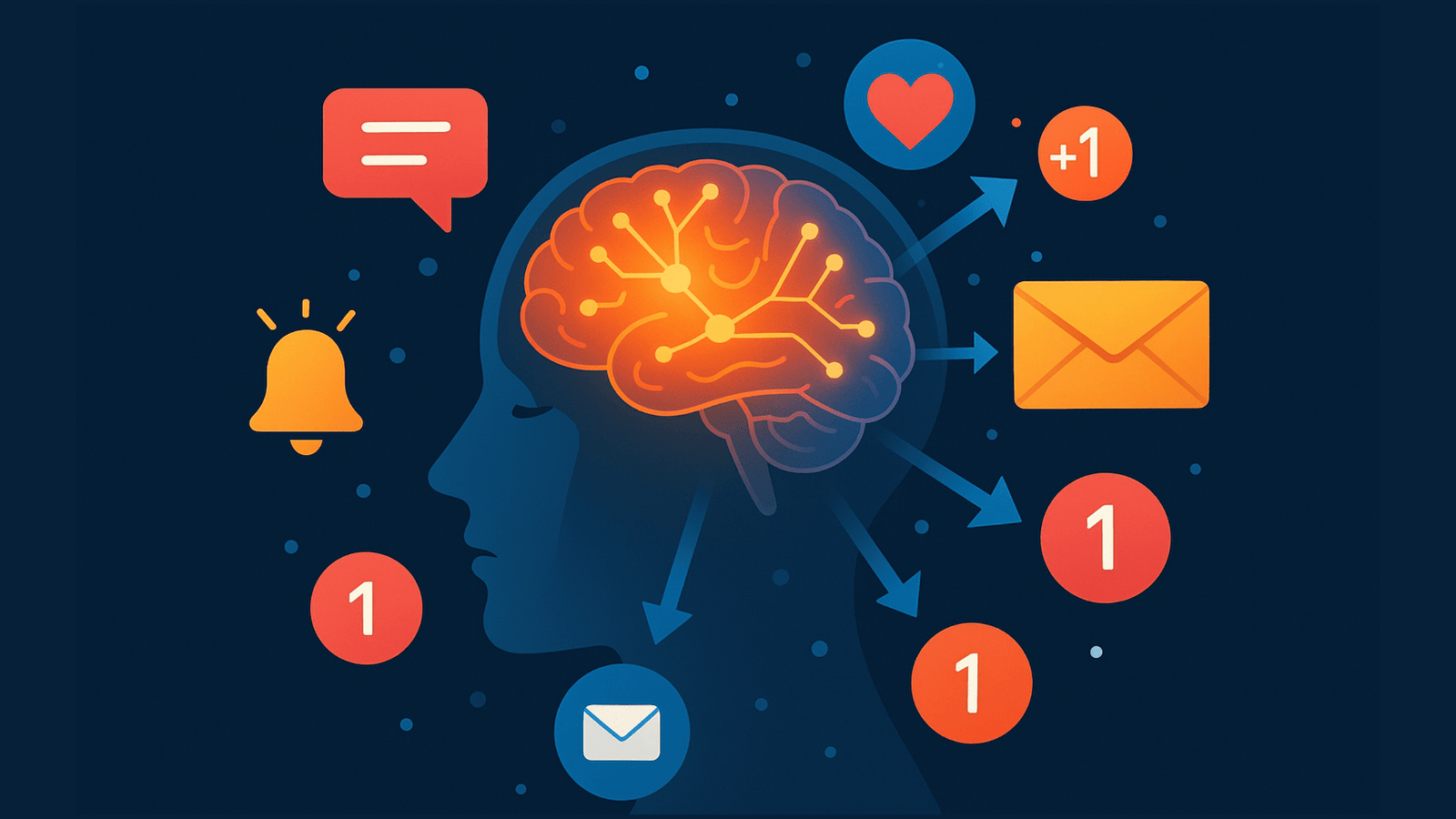 Illustration of a human brain surrounded by notification icons, showing how apps hijack attention and dopamine.