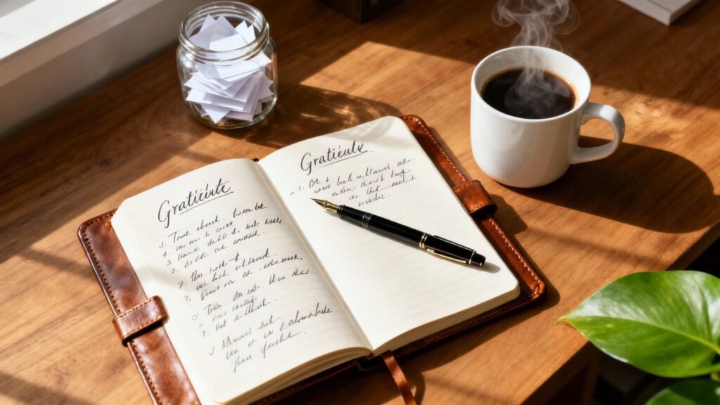 Attitude of gratitude moment: smiling man at desk focused on laptop with a “small wins” sticky note and a subtle glowing brain illustration