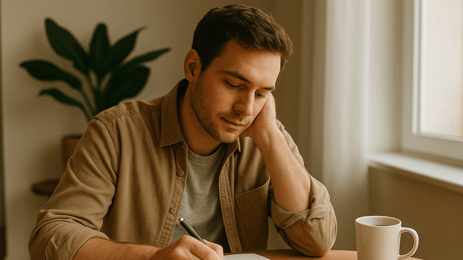 Young man journaling by a bright window with his phone set aside, illustrating a calm dopamine detox routine away from constant notifications.