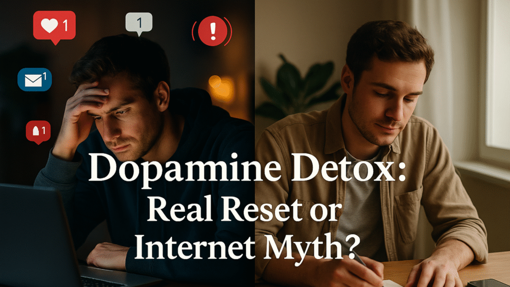 Split-screen illustration of a person overwhelmed by notifications on one side and calm with their phone put away on the other, representing whether dopamine detox is real or just an internet myth.