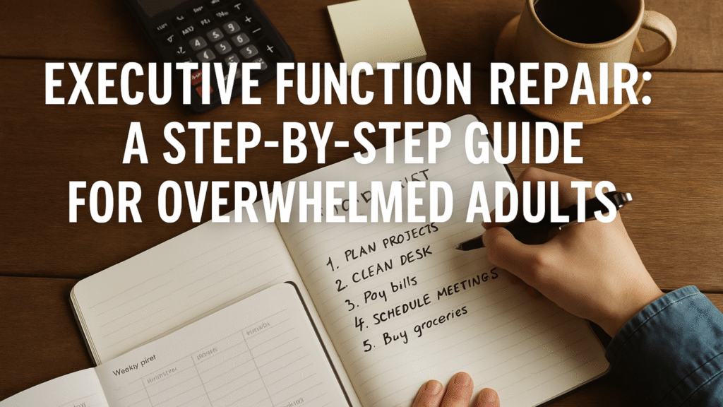 Overwhelmed adult writing a simple to-do list in a planner with coffee and calculator on desk – Executive Function Repair step-by-step guide.